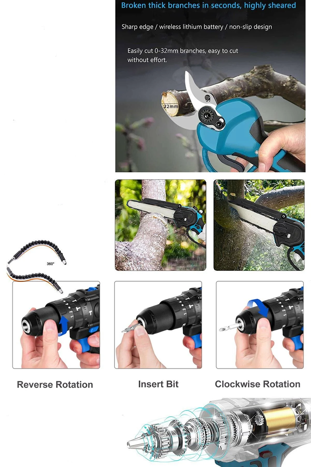 3В1 Немски Безчеткови Резачка с автоматично омасляване, Ножица и Ударен Винтоверт + две батерии и 50 части в куфар