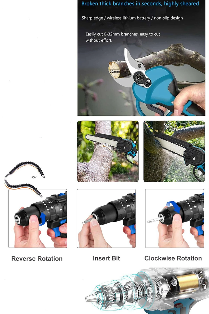 3В1 Немски Безчеткови Резачка с автоматично омасляване, Ножица и Ударен Винтоверт + две батерии и 50 части в куфар