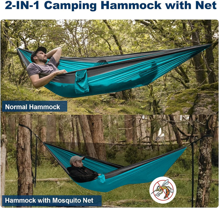Водоустойчив Двуместен Хамак с Мрежа Против Комари до 250кг + Подарък Раница