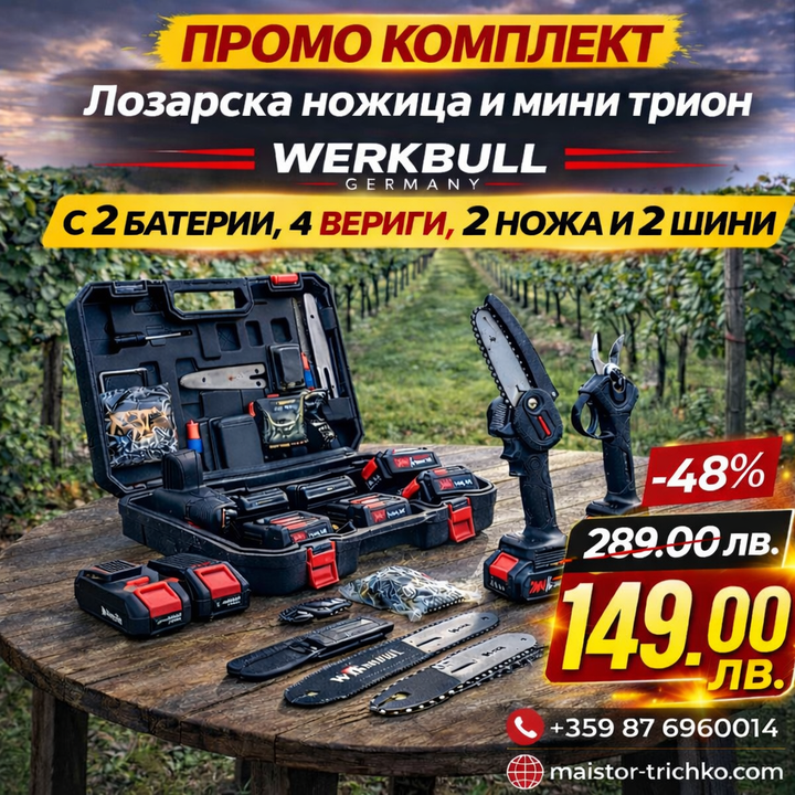 Промо 2в1 комплект WerkBull Акумулаторна Лозарска ножица и Мини Трион