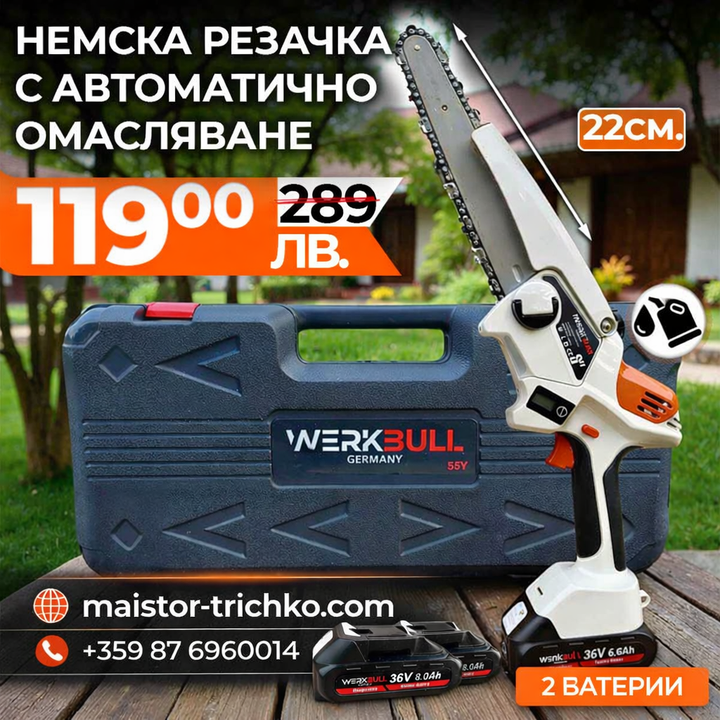 Акумулаторна Безчеткова резачка с омасляване WerkBull с две батерии + подарък верига
