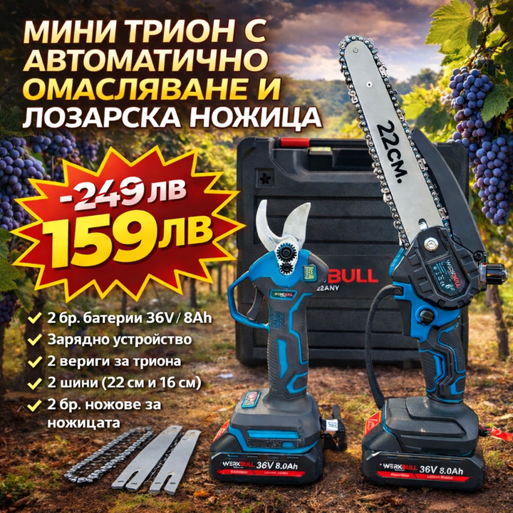Промо 2в1 комплект WerkBull Акумулаторна Лозарска ножица с дисплей и Мини Трион с автоматично омасляване