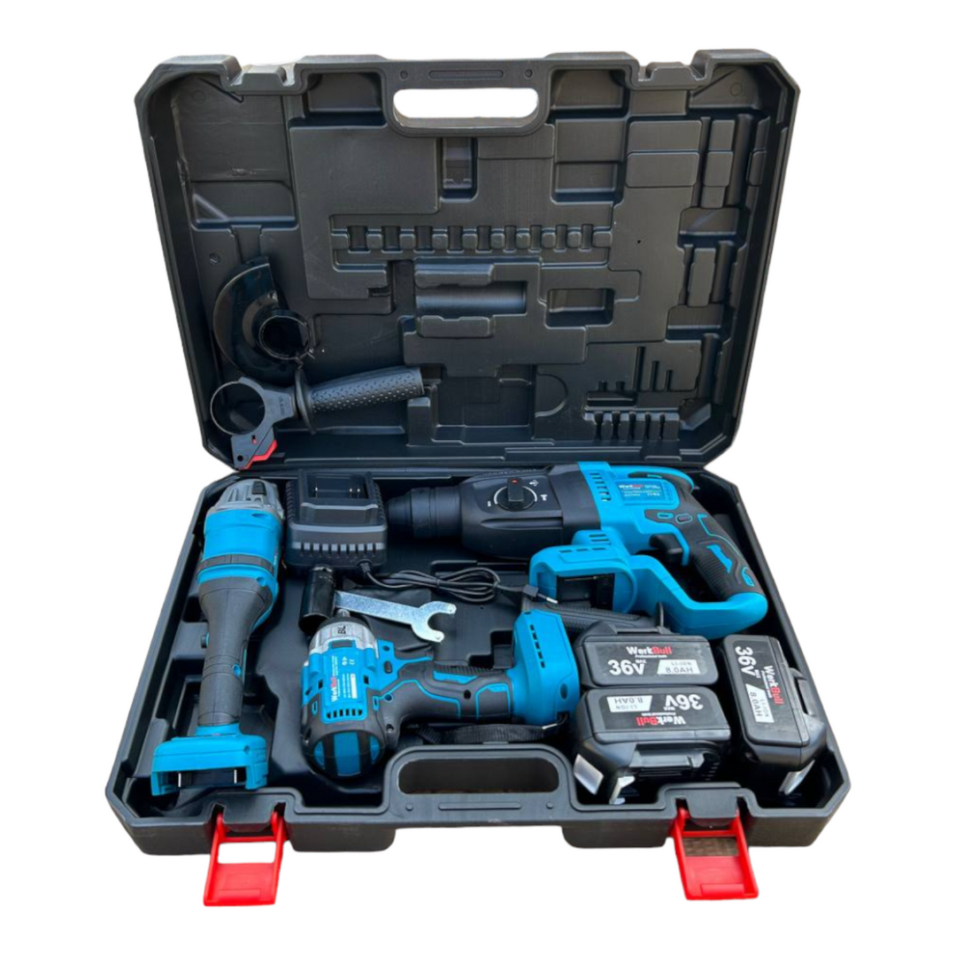 4в1 Безчетков комплект WerkBull Перфоратор, Гайковерт-Винтоверт и Ъглошлайф + 3 батерии 36V 8Ah
