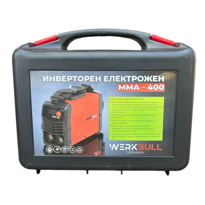 НЕМСКИ Инверторен Електрожен 400А WerkBull с дисплей и куфар + 7 подаръка