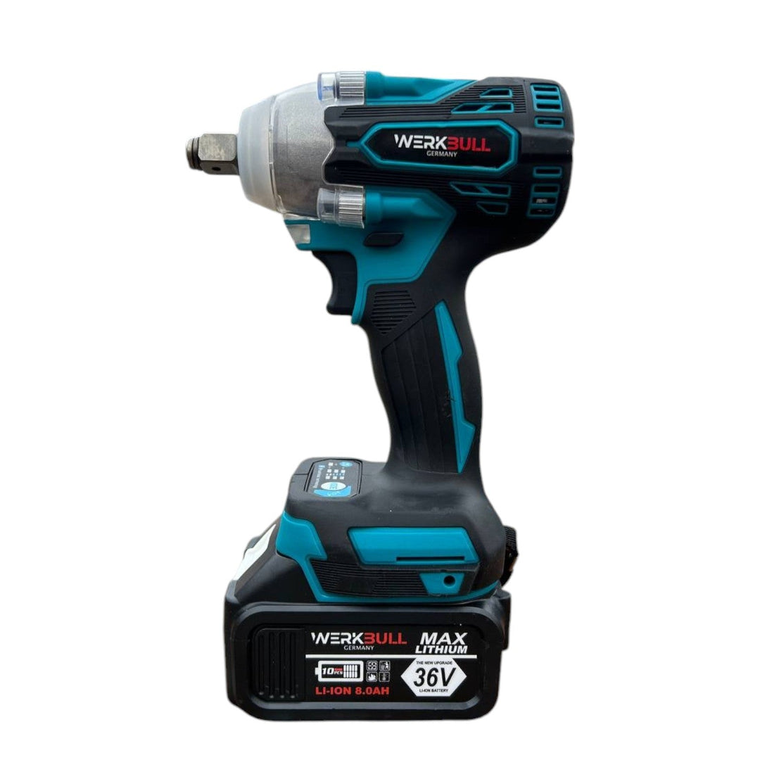 Немски Безчетков Акумулаторен Ударен Гайковерт – Винтоверт 36V 8Ah 850 N/m + подарък 3 бр. вложки и Професионален Хидравличен  Крик Тип Крокодил 2 тона Werkbull 135-300мм
