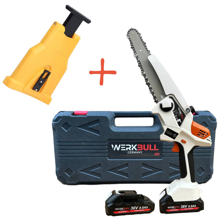 Акумулаторна Безчеткова резачка WerkBull с омасляване, дисплей и две батерии 36v 8Ah + подарък точило за верига