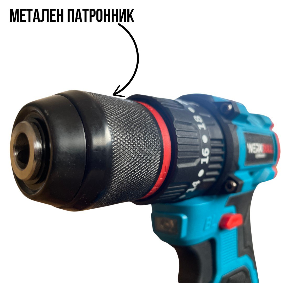 3В1 Немски Безчеткови Резачка с автоматично омасляване, Ножица и Ударен Винтоверт + две батерии и 50 части в куфар