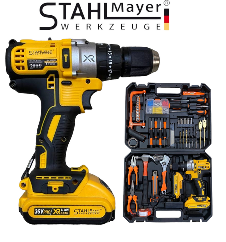 Акумулаторен Винтоверт + 111 части STAHLМAYER 36V 8,0AH Ударна Бормашина