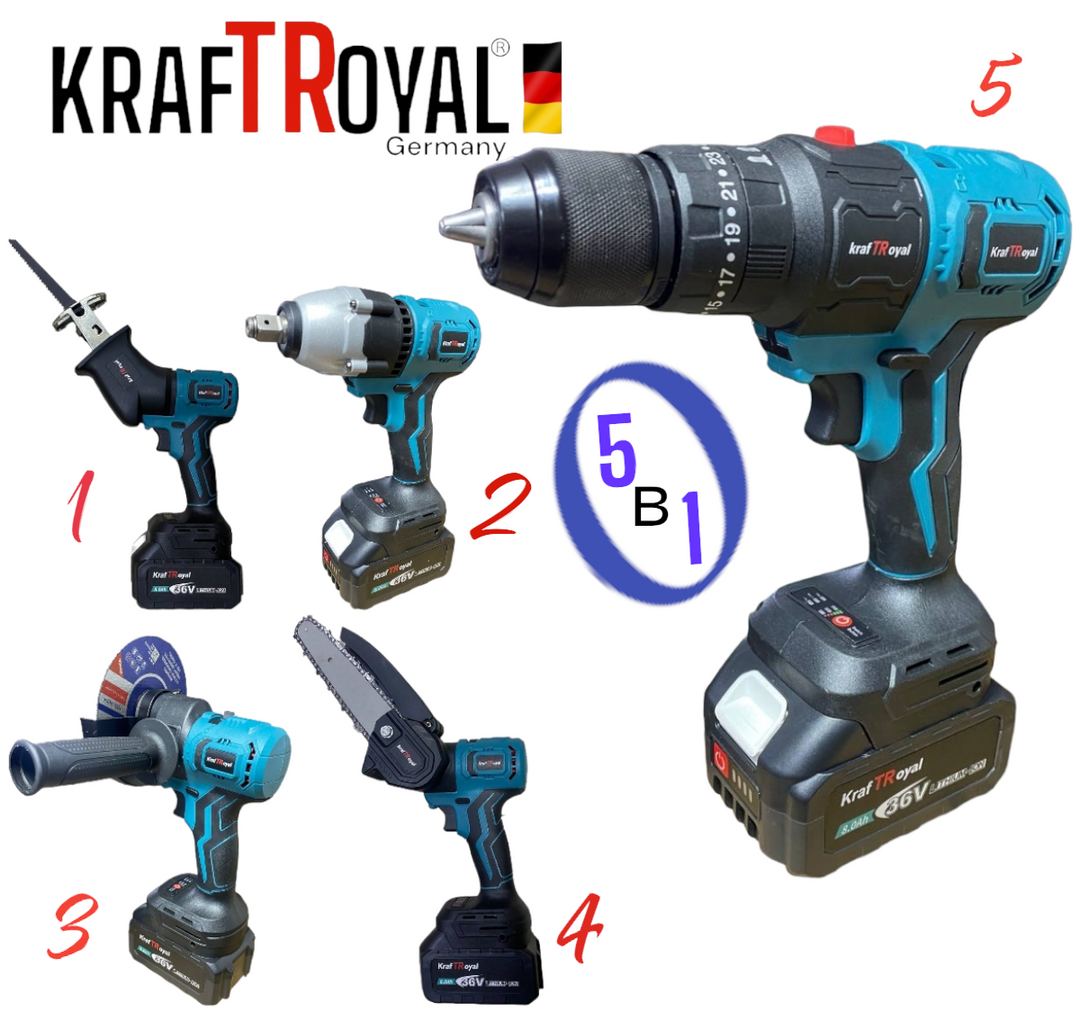 5в1 Универсален Акумулаторен Инструмент 5 Глави 36V 8,0AH Винтоверт Гайковерт Саблен Трион Резачка за Клони и Ъглошлайф